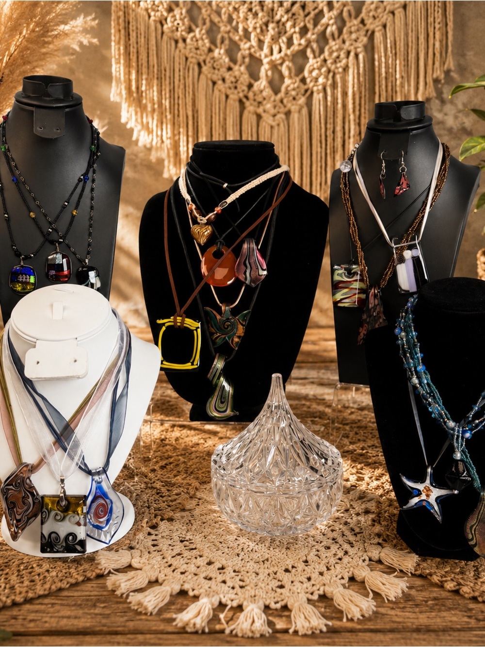 Lot of 17 Artisan Glass Pendant Necklaces + Lidded Crystal Kisses Candy Dish